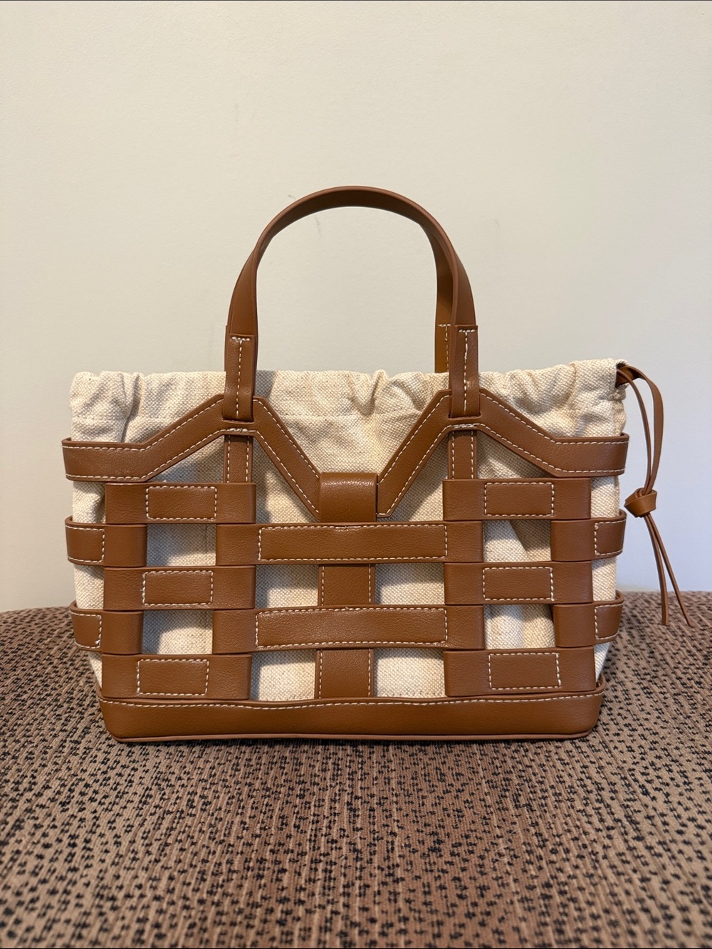H&M Cream Canvas Tote with Tan Leather Lattice